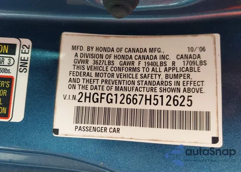 2007 Honda Civic Lx from USA, damaged, VIN 2HGFG12667H512625